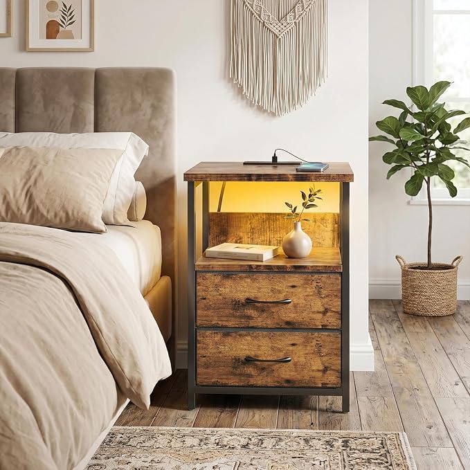 Fixwal Night Stand with Charging Station, LED Nightstand with U-S-B Ports and Outlets, 2 Fabric Storage Drawers with PU Finish, Bedside Table, Rustic Brown - Image 6