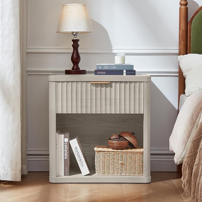 LEYAOYAO Fluted Farmhouse Nightstand Set of 2 with Charging Station, 23" Wide 1 Drawers Night Stand,LightGrey Dresser for Bedroom,Bed Side Table Chest of Drawers,Wood End Table for Living Room - Image 5