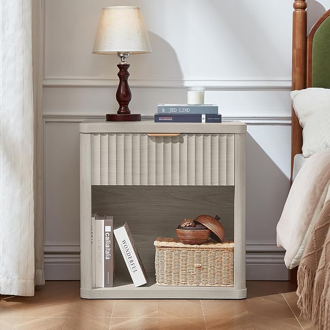 LEYAOYAO 23" Wide Fluted Night Stand with Charging Station, 1 Drawers Large End Table with Storage, LightGrey Nightstand Wood Bedside Tables, Farmhouse Cabinet Dresser for Bedroom, Closet - Image 4