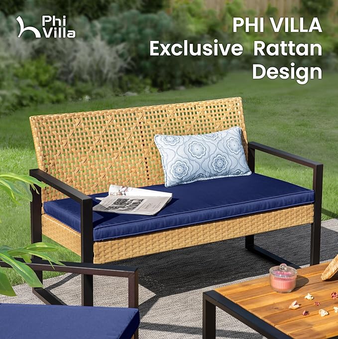 PHI VILLA Patio Wicker Furniture Set for 4, Yellow Rattan Loveseat & Chairs with Blue Cushions & Acacia Wood Coffee Table, Outdoor Modern Conversation Sofa Set for Deck, Yard, Porch