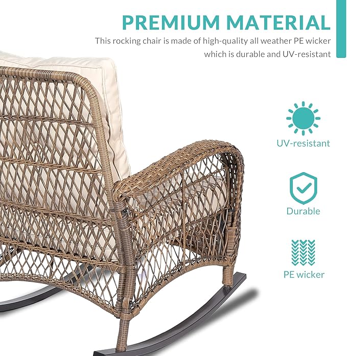 MEETWARM 4-Piece Outdoor Patio Wicker Conversation Set with Glider Loveseat, 2 Chairs, Coffee Table & Rocking Chair - Thickened Cushions