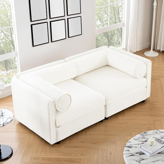 KEIKI 76" Oversized Modular Loveseat Chenille Sectional Sofa with Storage Seat, Modern Style 2-Seater Couch with Cylindrical Backrest and Armrests, Easy Assembly, for Apartment, Living Room, White