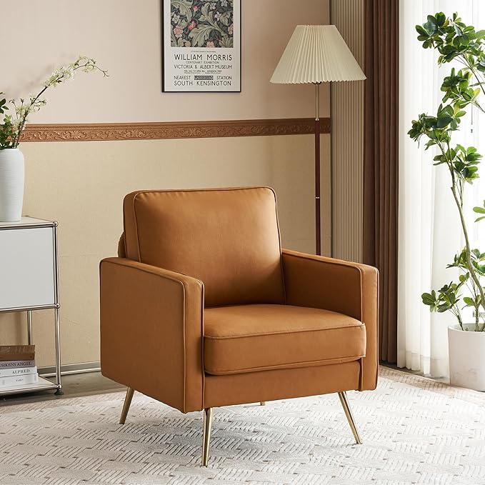 VINGLI PU Leather Accent Chair Brown Mid Century Modern Upholstered Sofa Chairs with Arms, Gold Legs for Living Room, Bedroom, Apartment