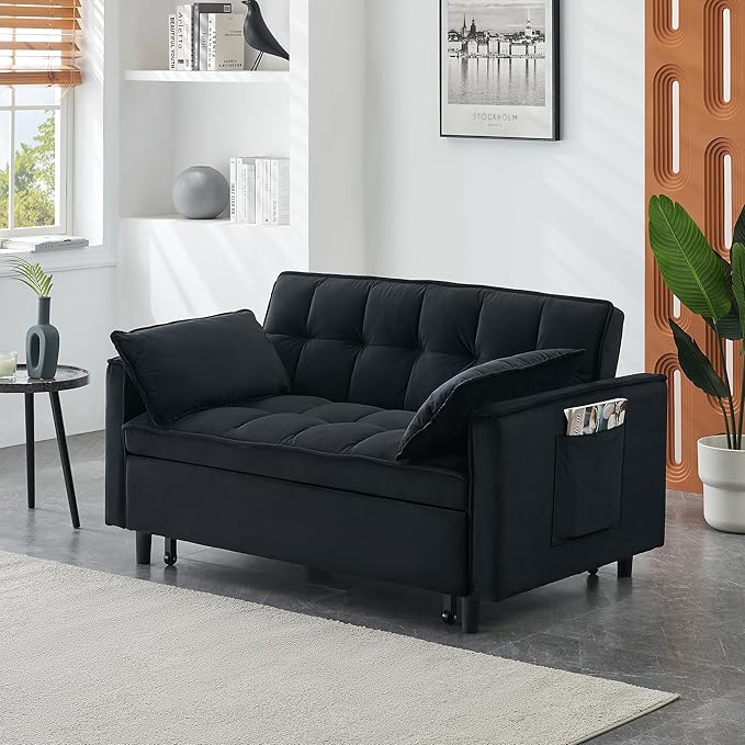 55" Modern Velvet Loveseat Sleeper Sofa, 3-in-1 Convertible Pull-Out Bed with Adjustable Backrest, 2 Pillows & Side Pockets, Small Pull Out Couch for Living Room, Apartment(Black)