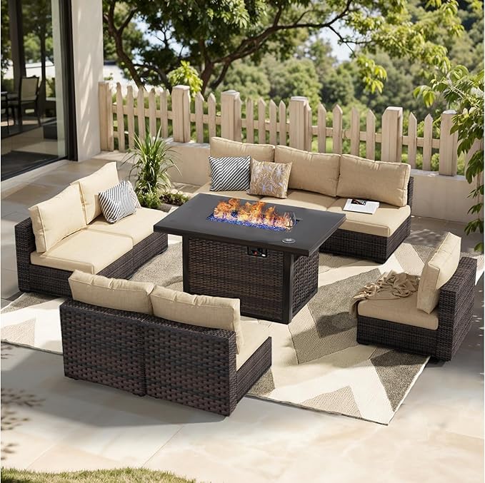 Patio Furniture Set Fire Pit Table 9 Piece All Weather PE Rattan Outdoor Sectional Sofa Couch with 8 x armless Sofa, No-Slip Cushions for Garden, Poolside, Backyard (Beige)