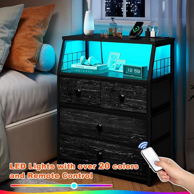 EnHomee Nightstands Set of 2, Bedside Table with Charging Station & LED Lights, End Table with 4 Fabric Drawers, Furniture for Bedroom, Dorm, Closet, Entryway, Wood Top, Black - Image 3