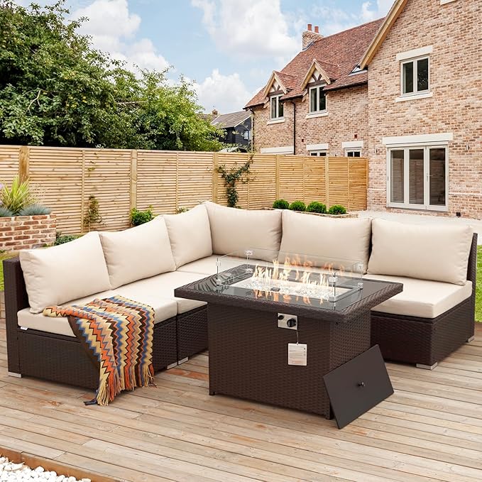 NICESOUL 6 Piece Patio Furniture Set with Firepit, 29.3'' High-Back Outdoor Sectional with Fireplace Natural Gas Propane Convertible, Comfy Deep Wide Seating Conversations for Outside, Brown