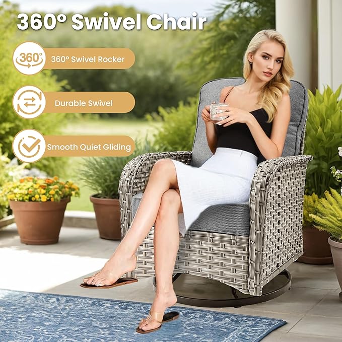 HOOOWOOO Outdoor Sectional Furniture Set with Fire Pit Table,8 Pieces Wicker Patio Conversation Sets,L Shape All Weather Outside Couch Sofa Set with Swivel Chairs Side Table Ottoman,Charcoal Gray