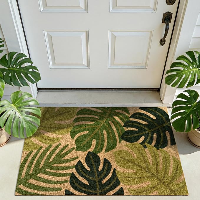 DEXI Front Door Mat Outside Entrance Coir, 2x3 Heavy Duty Entry Tropical Plant Doormat, Non Slip Exterior Entryway Floor Dirt Trapper for Porch Patio, Green Monstera Leaves - Image 9