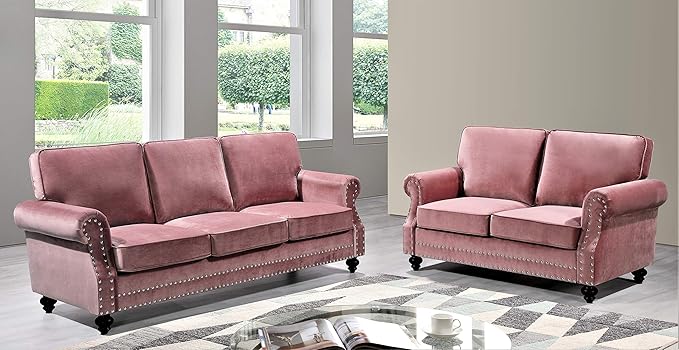 Lotus Mid Century Modern Velvet Upholstered Living Room Rolled Arms, Sofa and Loveseat, Rose