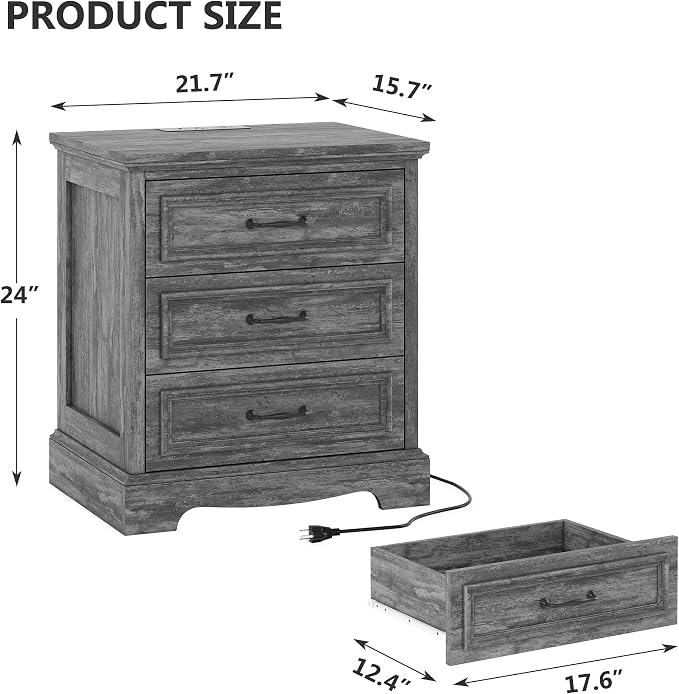 Farmhouse Nightstand Set of 2, Wood Night Stand with 3 Drawers and Charging Station Modern Bedside Table for Bedroom End Side Table Storage Cabinet Small 6 Drawers Dresser (2, Dark Gray) - Image 3