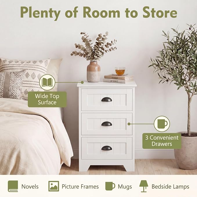 Giantex Nightstand with 3 Drawers, Set of 2 Bedside Table with Exquisite Metal Handles, Accent Table Sofa Side Table with Anti-toppling Device for Bedroom, Study, White - Image 5