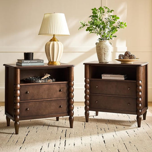 HULALA HOME Farmhouse Storage End Table Set of 2 with Spindle Columns, 2 Drawers and Open Shelf Side Table, Solid Wood Fluted Side Table with Charging Station, Walnut by HULALAHOME