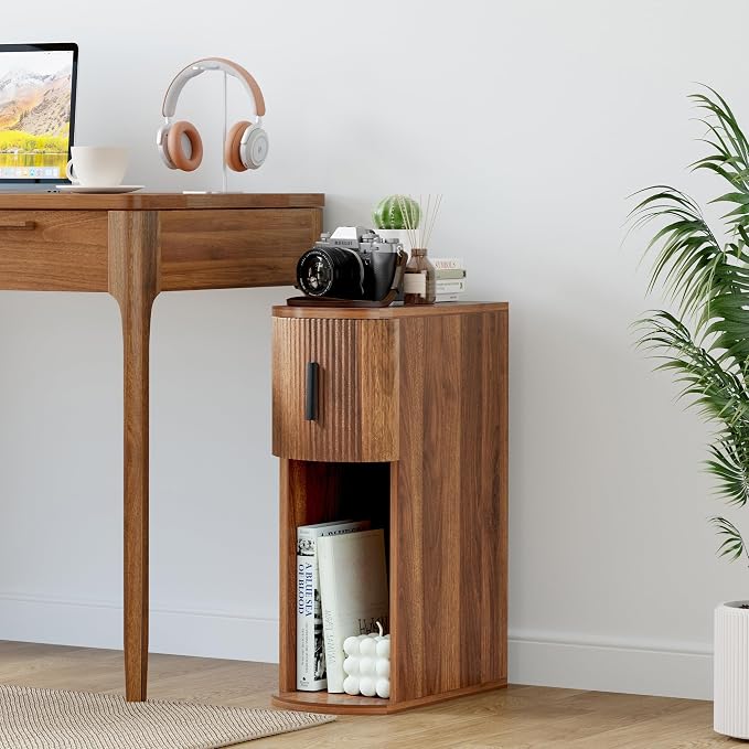 Narrow Nightstand Set of 2, Fluted Small Night Stand, Slim Curved Storage End Table with Drawer, Mid Century Modern Wooden Bedside Cabinet for Bedroom,Small Spaces, Walnut - Image 8