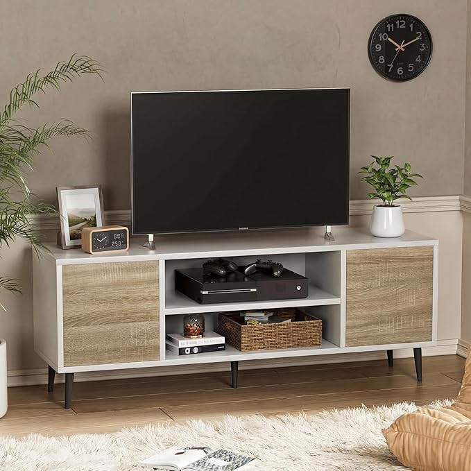 YESHOMY Modern TV Stand for 65" Television, Entertainment Center with Two Cabinets and Open Shelves, Retro Style Media Console for Living Room, Bedroom, Office, 58 Inch Classic, White and Beige by SearchallYESHOMY