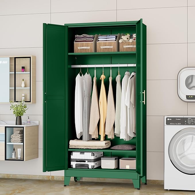 GAIOUS Metal Wardrobe Cabinet with Hanging Rod, 71" Metal Clothing Storage Cabinets with 2 Doors and Adjustable Shelves, Green Armoire Wardrobe Closet for Bedroom, Laundry Room, Cloak Room