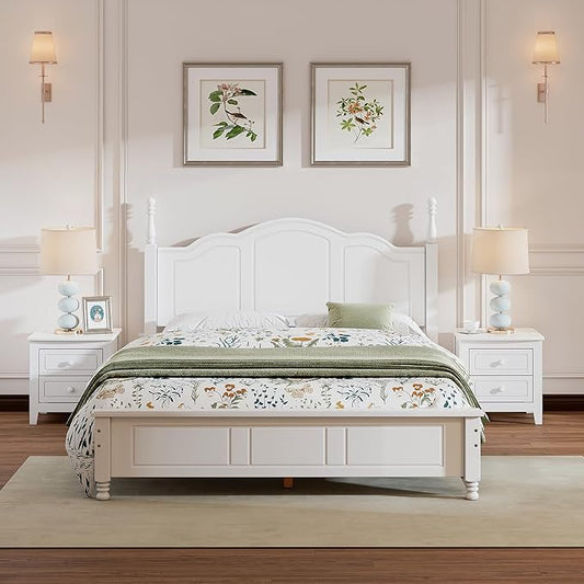 3-Pieces Bedroom Sets, Retro Style Queen Size Platform Bed with Wooden Slat Support and Headboard, Wooden Bedroom Furniture Set with 2 Nightstands for Kids Teens Adults Bedroom (White + Wood 063)