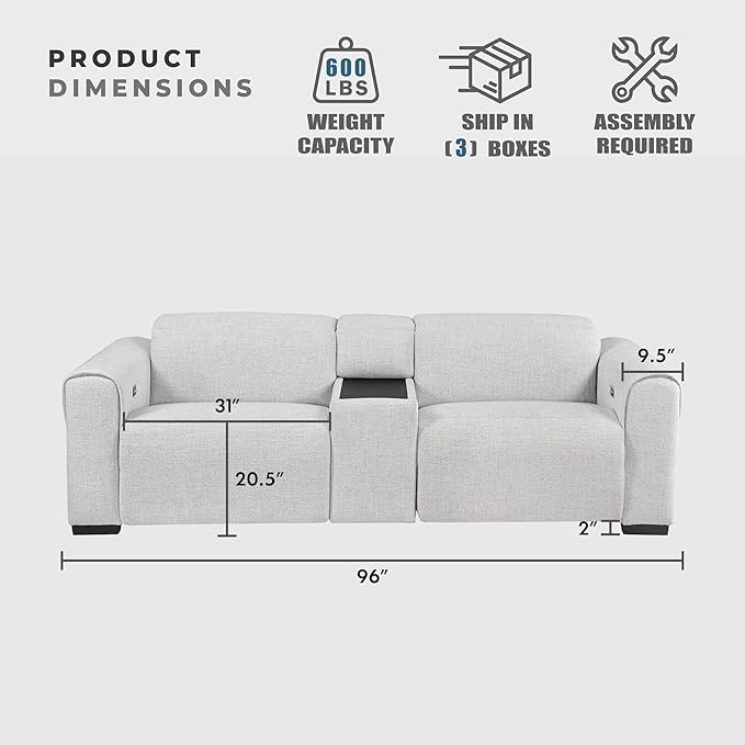 Lexicon Power Reclining Sectional Couches for Living Room-Modular Sectional Sofa, Wall Hugger, 2 Recliner Seats, Console Cup Holders, Power Headrests, Charging Ports, 2 Seater Couch, Chenille Cloud