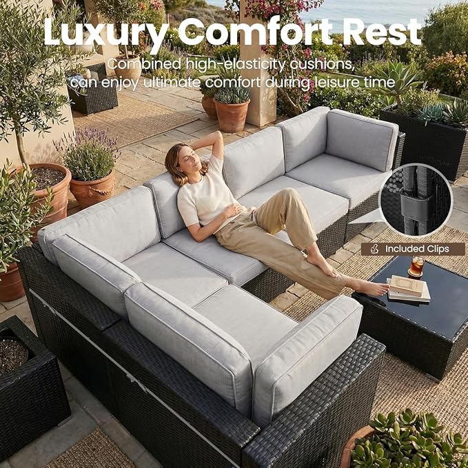 8 Pieces Patio Furniture Set with 44" Propane Gas Fire Pit Table, Outdoor Sectional Wicker Conversation Sofa Sets with Coffee Table