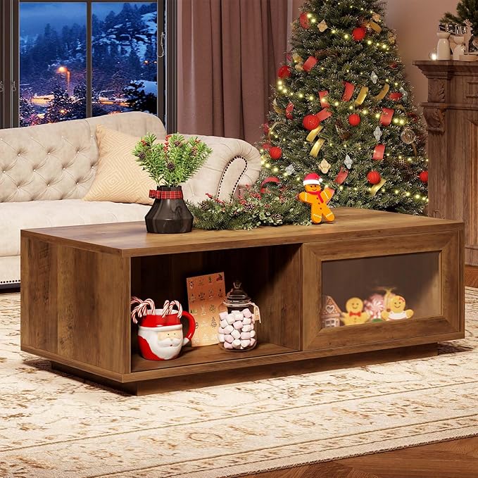 HSH Rustic Coffee Table with Storage, Low Coffee Table for Living Room, Long Rectangle Wood Coffee Tables,Farmhouse Large Center Tables with Sliding Door, Rustic Oak, 47 Inch