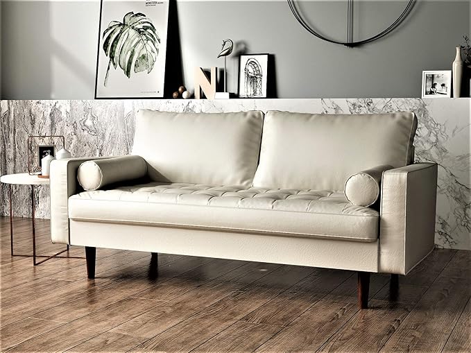 Womble Mid Century Modern Couch with Bolster Pillows, PU Leather Upholstered Tufted Seat, Versatile Retro Design for Comfortable Living Spaces, Sofa, White