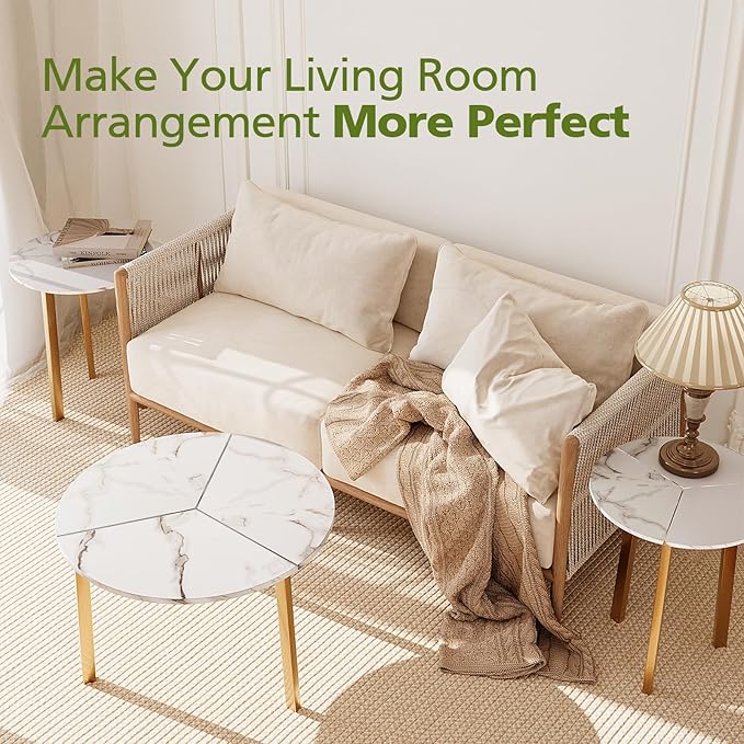 COSIEST Small Coffee Table Set of 2, Round Coffee Table with Sturdy Metal Base, Nesting Coffee Table for Living Room, Bedroom, Office (White & Gold)