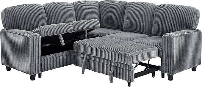 81" Modular Sectional Sofa, L-Shaped Convertible Sectional Sleeper Sofa Bed with Pull Out Bed, Storage Chaise, USB & Type-C Charging, 5-Seat Corduroy Couch for Living Room Apartment, Grey