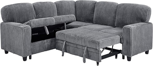 81" Modular Sectional Sofa, L-Shaped Convertible Sectional Sleeper Sofa Bed with Pull Out Bed, Storage Chaise, USB & Type-C Charging, 5-Seat Corduroy Couch for Living Room Apartment, Grey