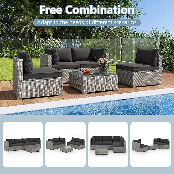 Tangkula 10-Piece Outdoor Patio Sectional Sofa Couch, PE Rattan Conversation Set w/Glass Coffee Table & Cushions, Outdoor Furniture Set w/Sturdy Metal Frame for Garden Poolside Backyard