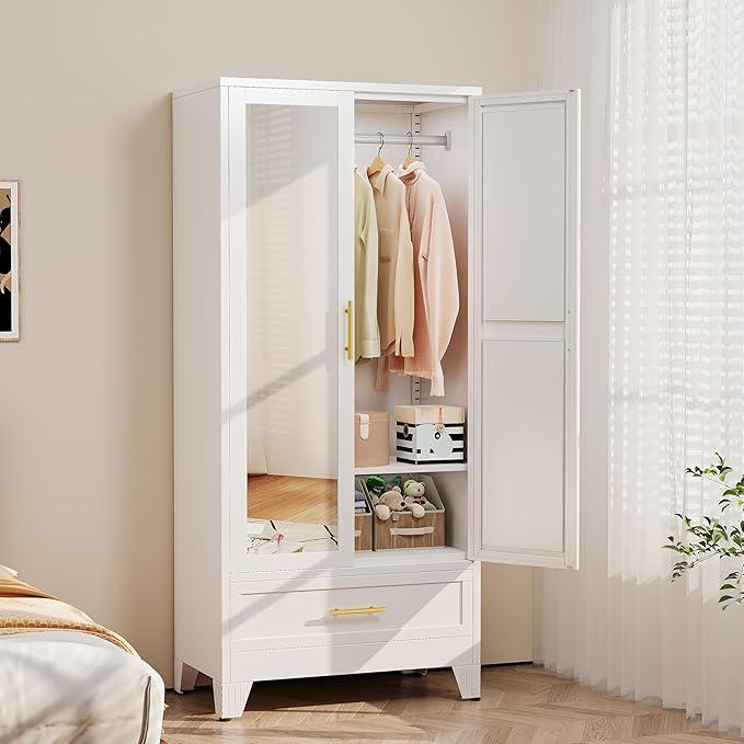 Ckzbx 71" H Metal Armoire Wardrobe Closet with Mirror, Adjustable Shelve, Clothes Metal Wardrobe Cabinet for Bedroom (1 Drawer, White)