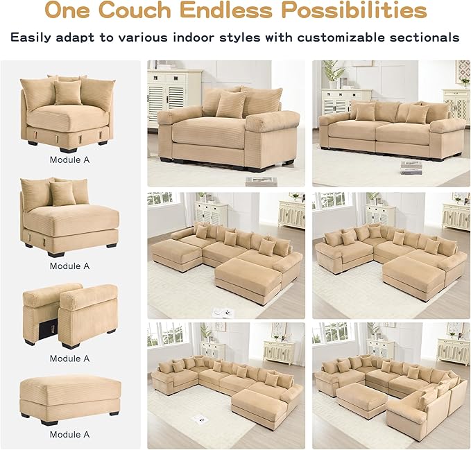 KEIKI 138" U-Shaped Oversized Corduroy Modular Cloud Sectional Sofa with 1 Ottoman, High-Density Foam Cushion, Extra-Thick Armrest, 6-Seater Fluffy Corner Couch with 20 Pillow, for Living Room, Camel