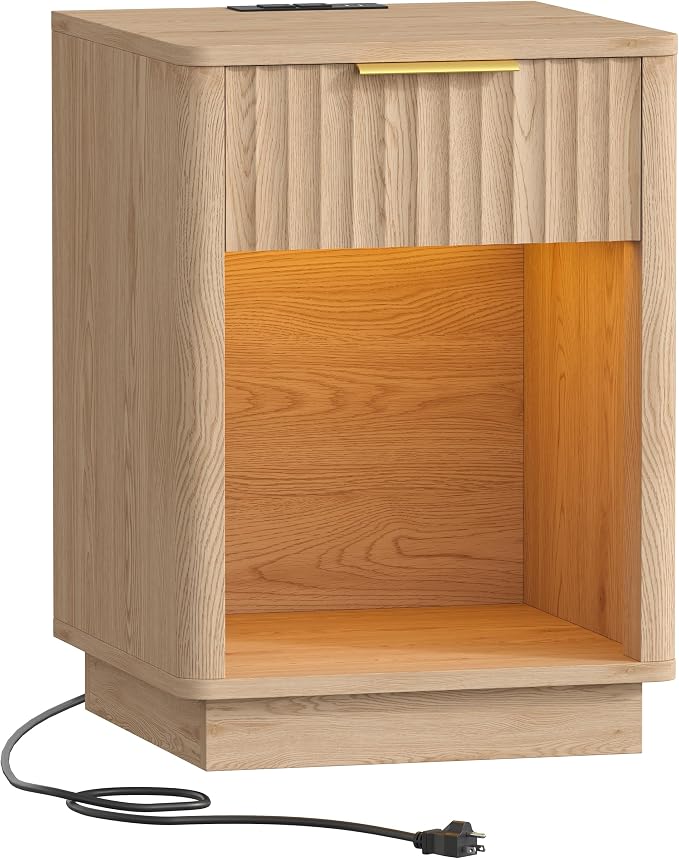 Akxomel Fluted Nightstand, Wooden Night Stand with Charging Station and LED Light, Modern Mid Century End Table with Drawer, 15" D x 15.7" W x 22.6" H, for Bedroom, Natural Oak - Image 8