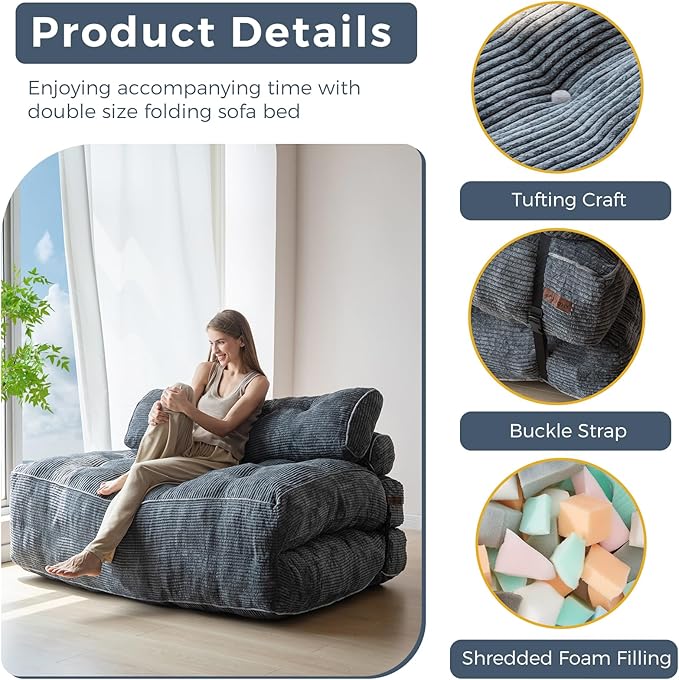MAXYOYO Folding Sofa Bed, Convertible Sleeper Chair with Pilow Foldable Mattress with Back Support, Portable Fold Out Chair Bed Comfy Floor Sofa Lounge for Living Room Bedroom, Dark Grey, Double