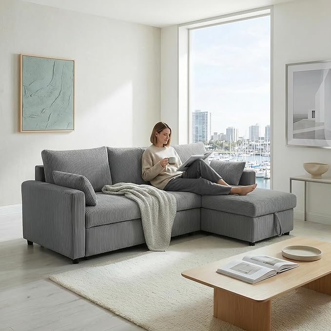 Casaphoria 85" Corduroy Sleeper Sofa with Pull Out Bed & Storage Chaise, L-Shaped Sectional Couch for Small Apartment, Living Room & Guest Room, 3-Seat Convertible Sofa Bed, Dark Gray