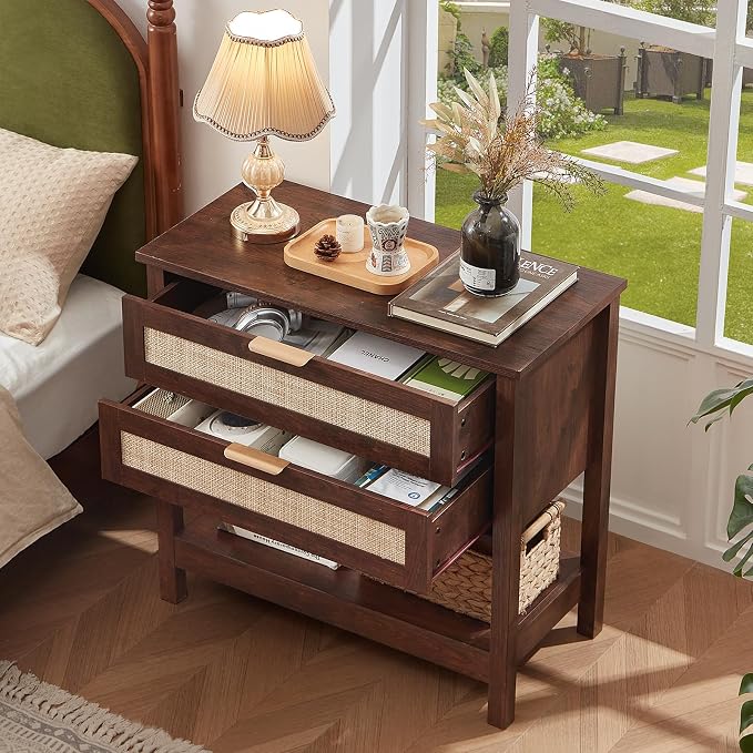 LEYAOYAO 31.5" Wide Rattan Night Stand, Large Boho Nightstand, Bedside Table with Storage, Tall Bed Side End Tables, Chest of Drawers for Bedroom, Living Room, Hallway（Walnut,2 Drawers,2） - Image 8
