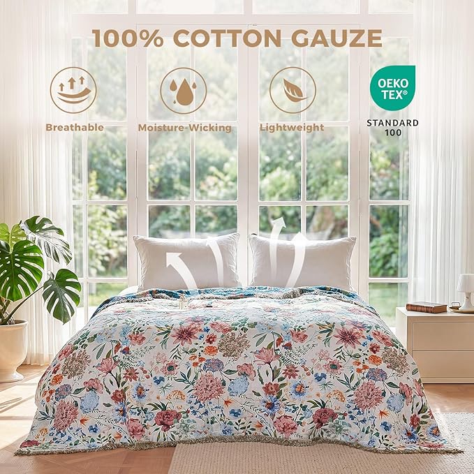 LUTBM Boho Throw Blanket for Couch Sofa Chair Cotton Spring Blankets for Bedroom Living Room All Season Lightweight Reversible Floral Embroidery Throws 50"x60"