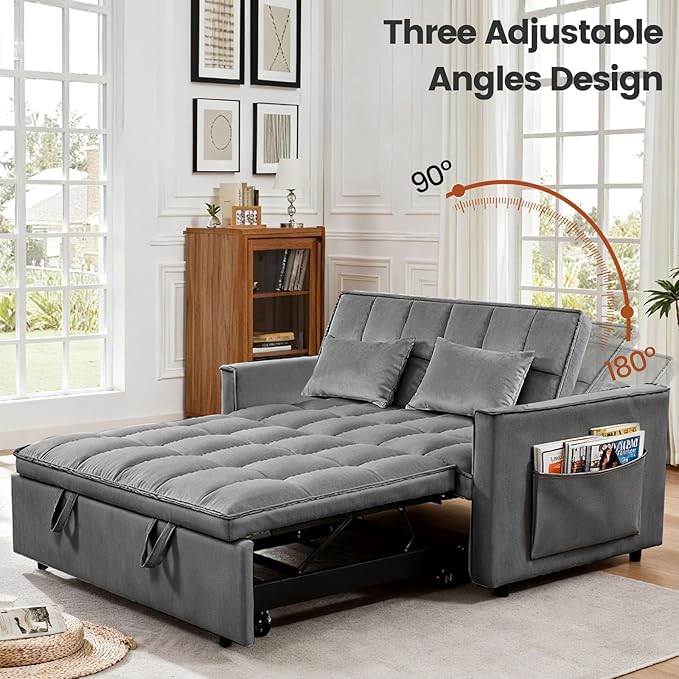 3 in 1 Sofa Bed, Love Seat Sleeper Bed with Side Pockets, Velvet Fabric Pull Out Couch with Adjustable Backrest for Living Room, Bedroom, Apartment, Deep Gray