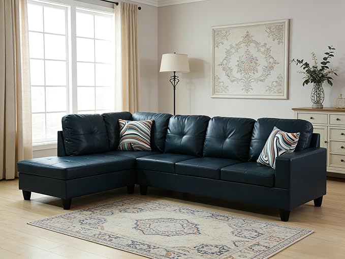 103.5 Inch Modern L-Shaped Couch, PU Leather Sectional Sofa with Chaise Lounge, 4-Seater Couch with Accent Pillows for Living Room, Apartment, Blue