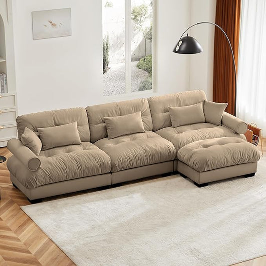 KEIKI 130" L-Shaped Oversized Velvet Modular Sectional Sofa with 1 Ottoman, High-Density Foam Cushions and Bolstered Armrests, Upholstered 3-Seater Cloud Couch with 5 Pillow, for Living Room, Camel