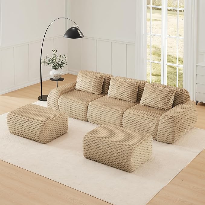 114" U-Shaped Compressed Sectional Cloud Sofa, Flannel Upholstered Modular Deep Seat Sofa with 5 Pieces, Symmetrical Boneless Foam Modular Cloud Couches for Living Room