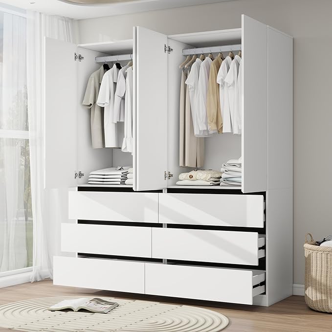 Armoire Wardrobe Closet with Drawers：75" Large White Wardrobe Closet Cabinet with 4 Doors for Hanging Clothes, Modern Wooden Bedroom Armoires with 6 Drawers and Storage (B+B, 63")