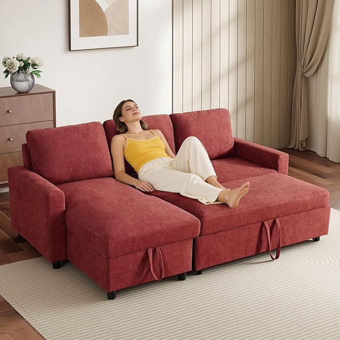 L-Shaped Sleeper Sofa with Chaise Lounge & Storage, Pull-Out Couch Bed with Recliner, Full Size Futon for Living Room, Office, Apartment Red