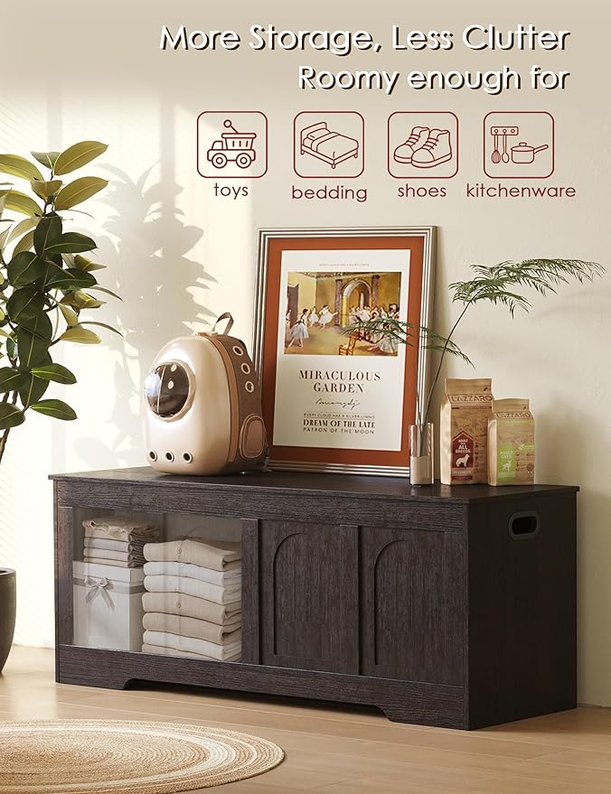 DINZI LVJ Storage Chest, 50” Extra Large Storage Bench with 2 Safety Hinges, Wooden Toy Box with Flip-Top, Large Trunk for Living Room, Playroom, Easy Assembly, Espresso - Image 9