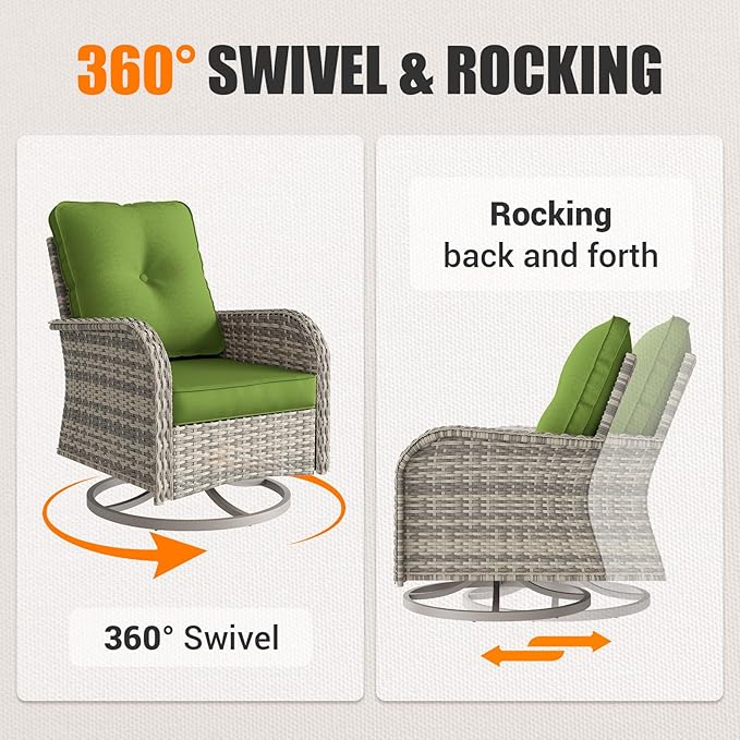 Patio Rocking Swivel Chair Outdoor Wicker Rattan Bistro Set with Tempered Glass Side Table, Outdoor Patio Furniture Set for Garden, Deck, and Balcony, Avocado Green