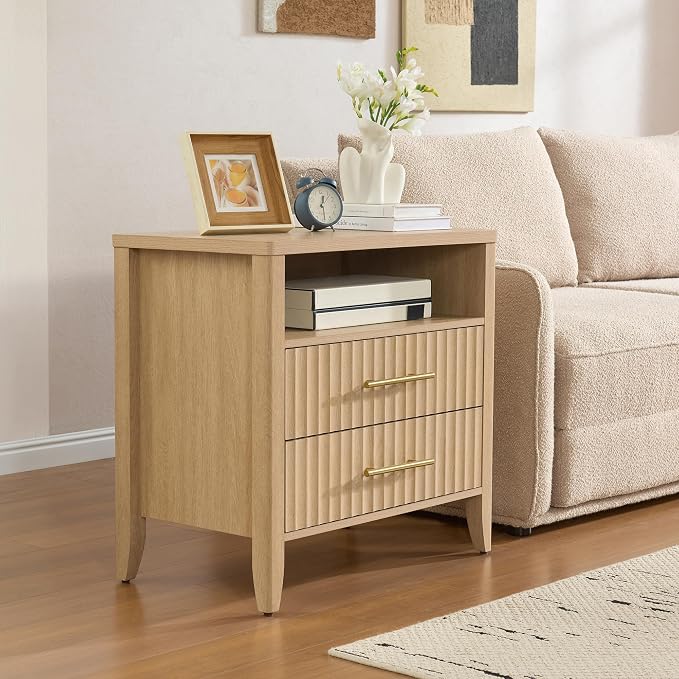Fluted Nightstand with 2 Drawers, 27" Modern Nightstands Set of 2 with Storage, Large Queen Size Bed Side Table and End Table for Bedroom, Living Room, Office,(Natural Oak,2 Pieces) - Image 7