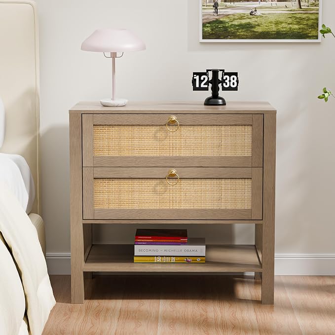 Rattan Nightstand with 2 Drawers and Storage Shelf, 26” Tall Wide Night Stand, Wood Large Bedside Table with Golden Handle for Bedroom, Side Table, Carbon Cherry - Image 3