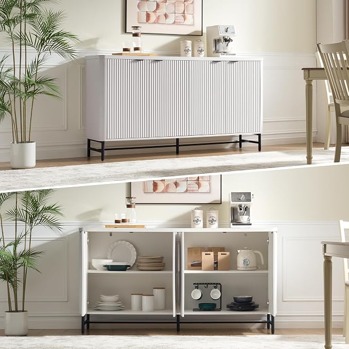 Fatmok 65" Large Sideboard Buffet Cabinet with Storage, Set of 2 Modern Fluted Credenza Accent Coffee Bar Console Tables with Doors & Adjustable Shelves for Living Room or Hallway, White - Image 6