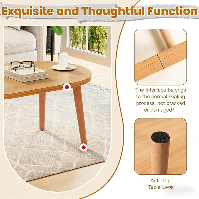 Coffee Table Low Table with 4 Solid Wood Leg, Floor Table Desk for Sitting on The Floor, Small Oval Coffee Table for Small Space, Side Table Japanese Coffee Table for Living Room Apartment Home, Brown