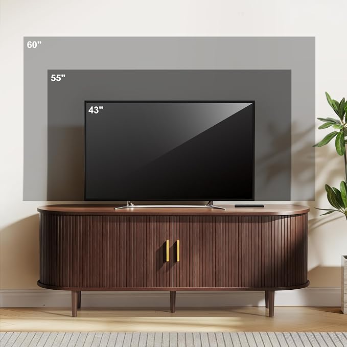 DHH 55 Inch Mid Century Modern TV Stand with Power Outlet for TVs up to 60 Inch, Entertainment Center with Storage and Adjustable Shelves, Media Console with Sliding Doors for Living Room(Walnut) - Image 3