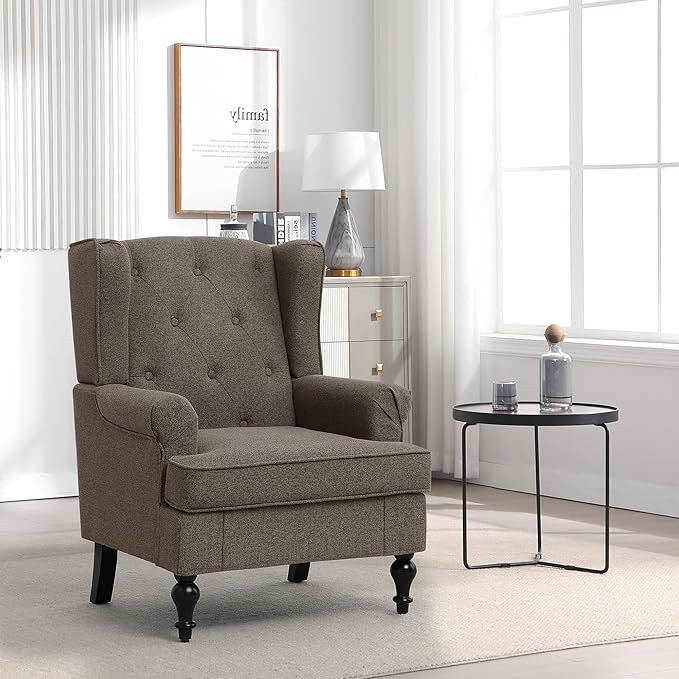 Accent Chair for Living Room, Mid Century Modern Upholstered Armchair, Wingback Chair with Tufted High Back and Solid Legs, Comfy Side Chairs Single Sofa for Bedroom, Brown